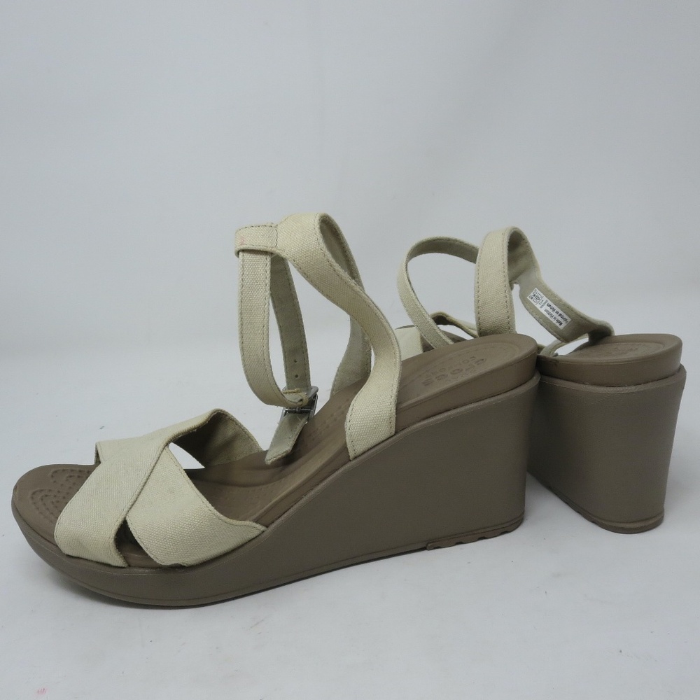 Crocs Leigh II Wedge Sandal Size 10 Beige Canvas Ankle Strap Casual Comfort